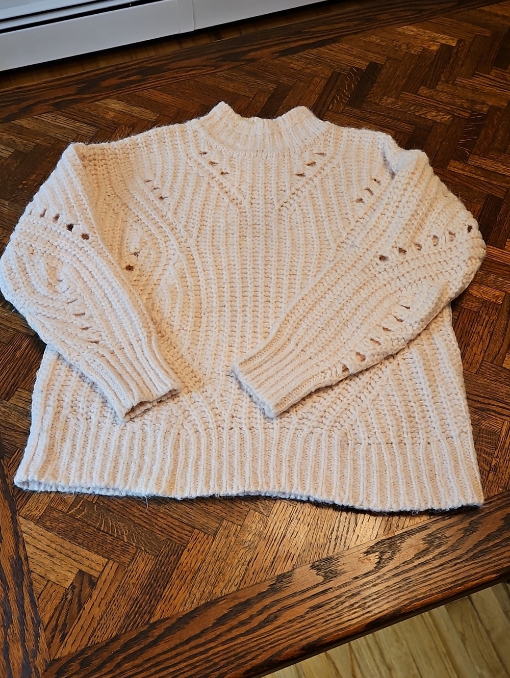 LOFT Light Pink Textured Cable Crewneck Sweater